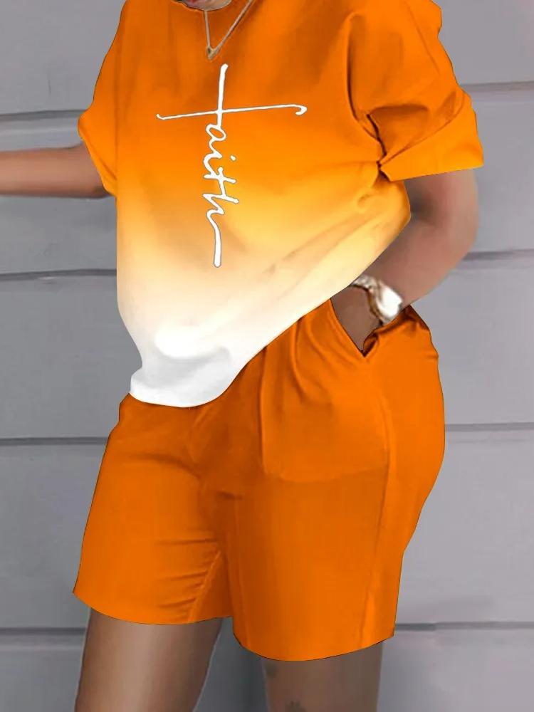 Casual Top & Shorts Set Sets Casual Short Sleeve Tshirt Outfit Women Summer Gradient 3D Print Pocket Short Sets Suit Female T Shirt Shorts