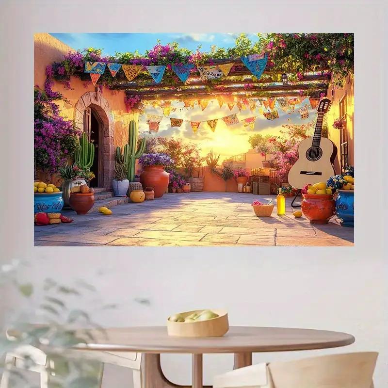A two-dimensional background fabric with a theme of a Mexican carnival accompanied by colorful flags guitars and potted plants