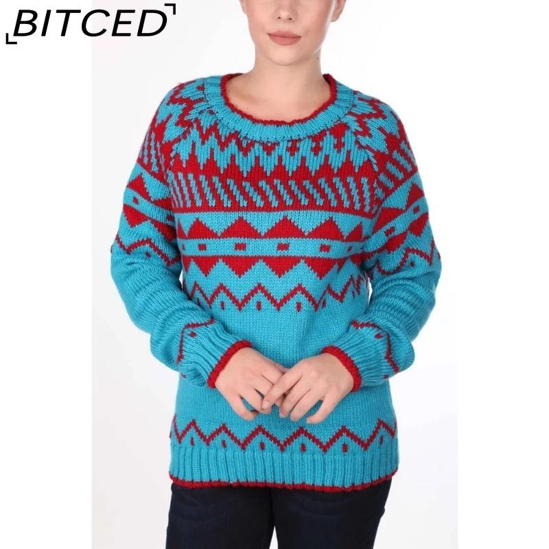 BITCED Women's Sweater - O-Neck Color-Blocked Oversized Fashion Pullover Knit