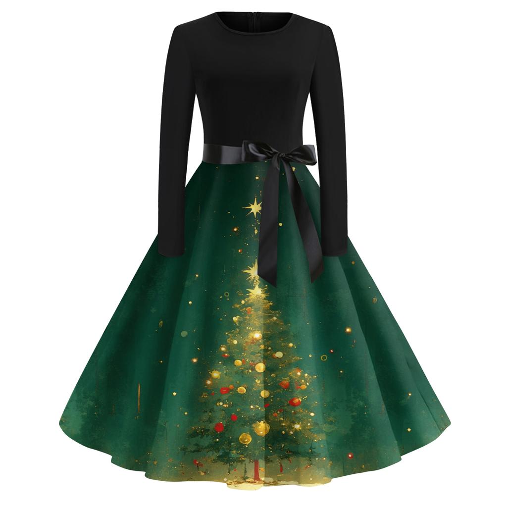 Dame Casual Mote Rund Hals Langermet Juleprintet Selskap Vintage Lange Kjoler