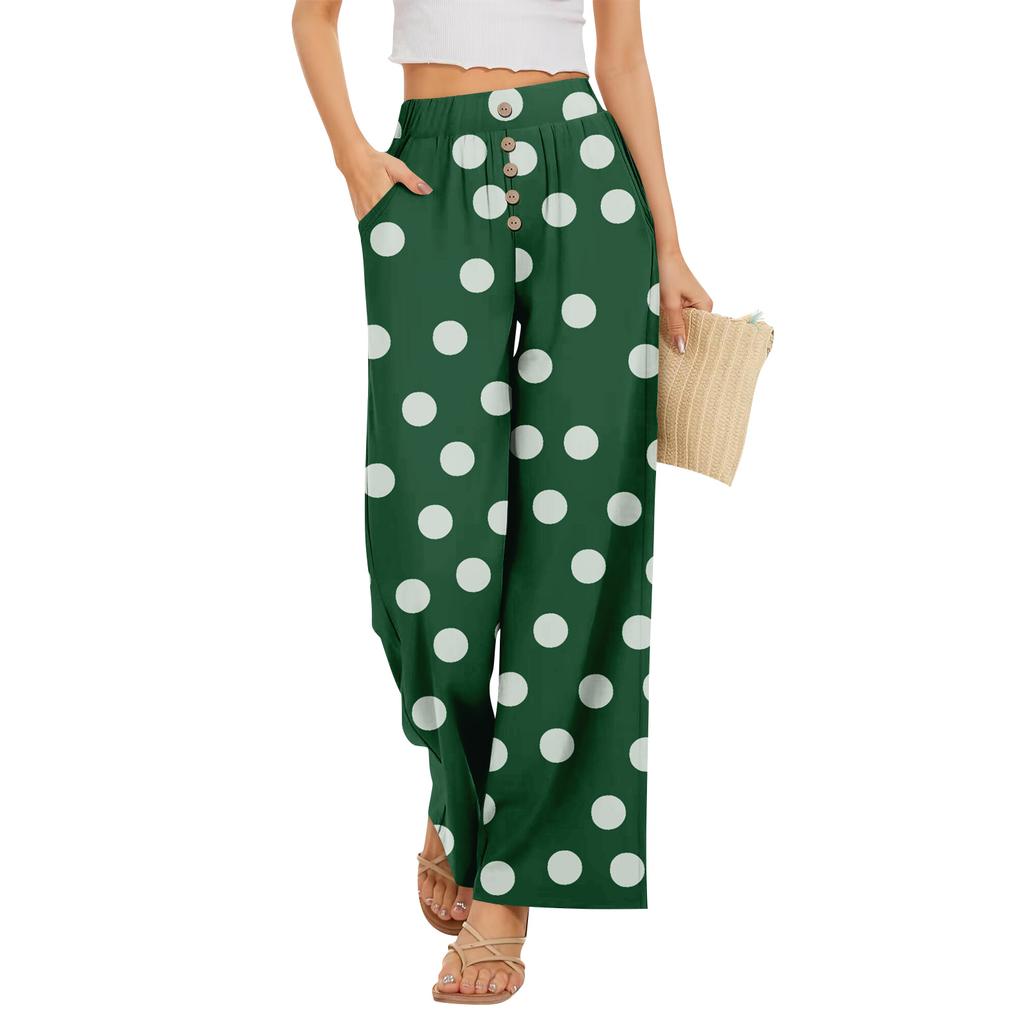 Calças Largas Femininas com Estampa de Bolinhas e Cintura Elástica com Botão e Bolsos para Uso Casual de Verão