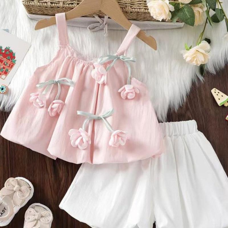 Girls Summer Floral Sleeveless Vest And Bud Shorts Casual Two Piece Set