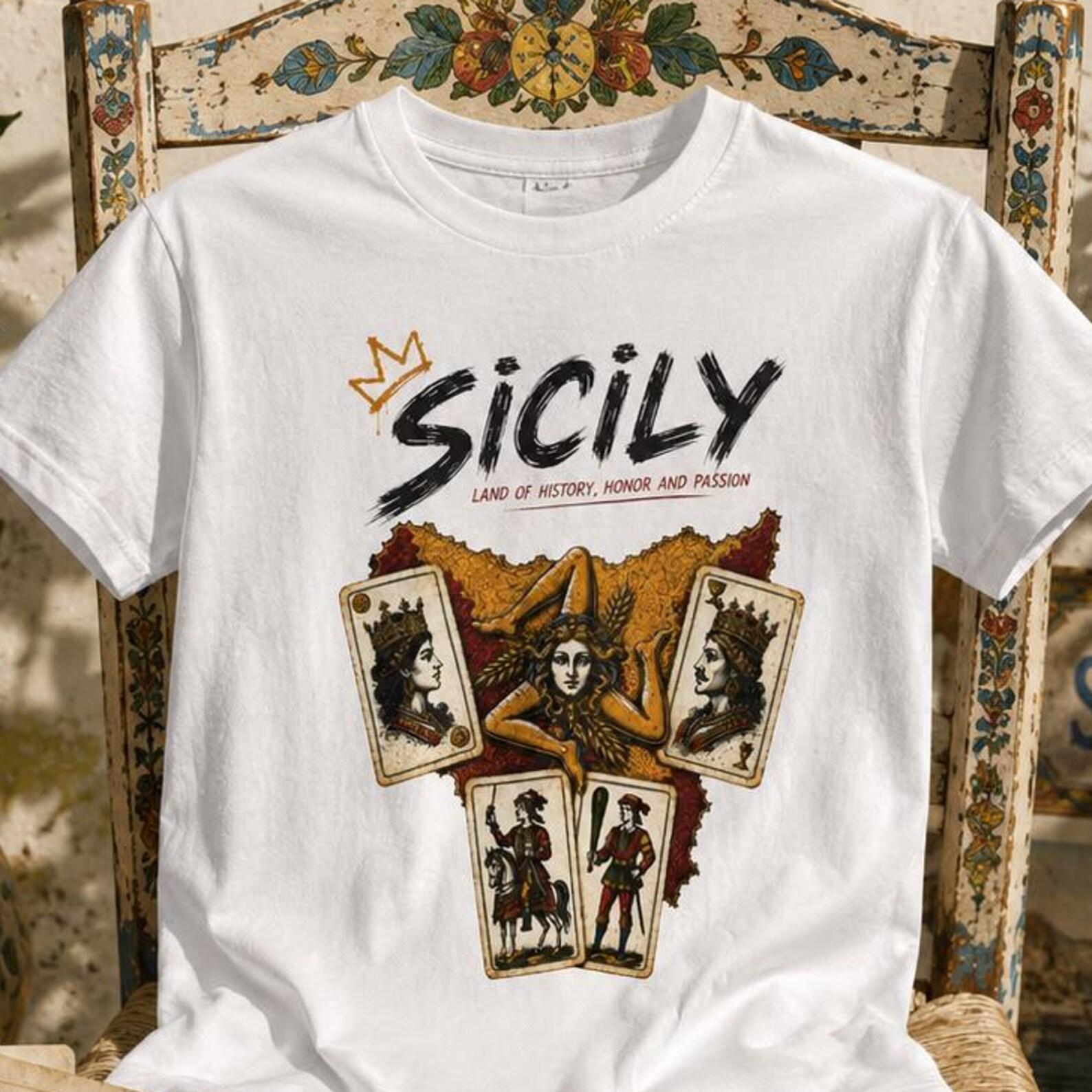 Sicily Vintage T-Shirt, Sicilian Trinacria Shirt, Sicily Map Graphic Tee, Sicilian Playing Cards Design, Italian Heritage Gift XL