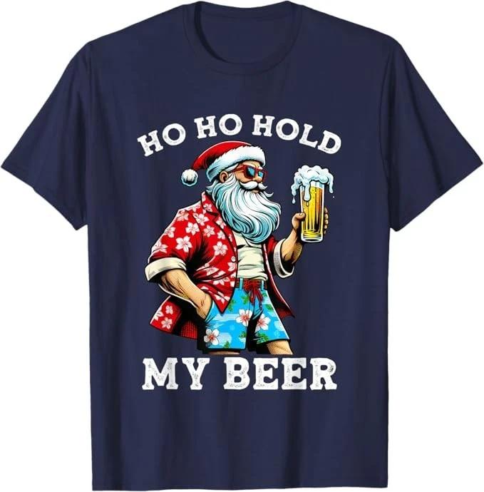 Summer Men's Funny Santa Claus WearingSunglasses Beer Printed Round Neck T-shirt Soft and Breathable Holiday Short Sleeved Shirt