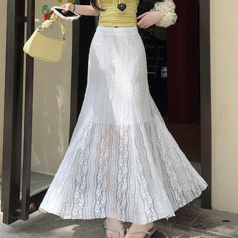 French Style White Lace Fish Tail Midi Skirt for Women - Summer High-Waist Drape A-Line Bodycon Long Skirt