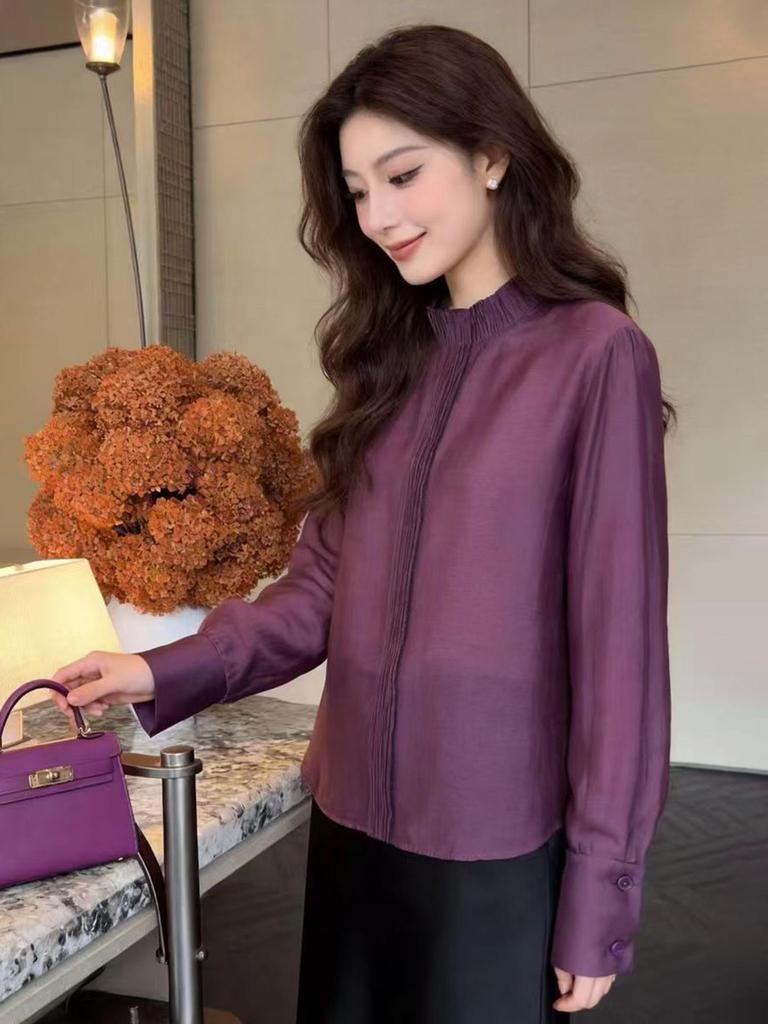 Rongtai Women's 2026 Spring Tencel Glossy Stand Collar Shirt