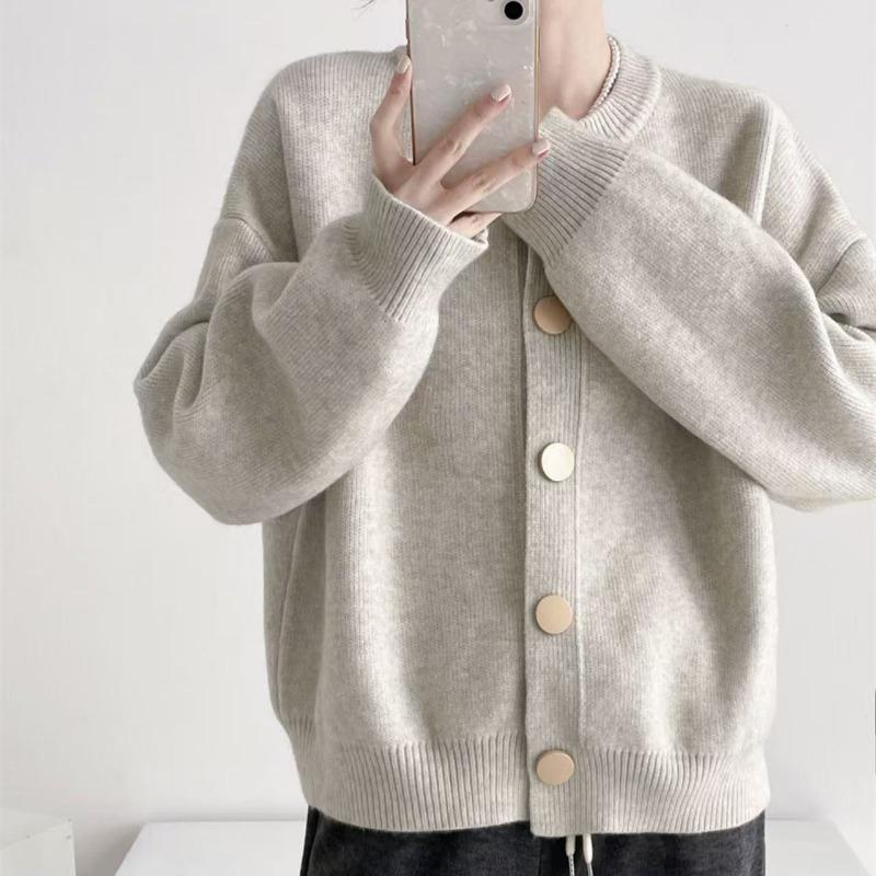 Design Sense Single Row Spring and Autumn Solid Color Knitted Sweater Jacket Cardigan Lazy Style New Loose Crew Neck Spring and Autumn Top