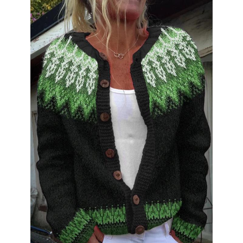 Cardigan Tricot Femme Col Rond Boutonnage Simple Imprimé Floral Manches Longues Vêtement d'Extérieur Décontracté