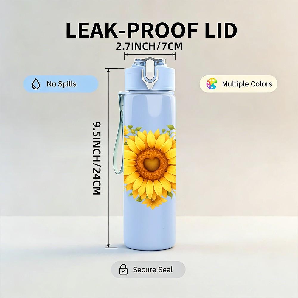 1PC Sunflower Single Bloom Decor 750ml Color Plastic Sports Water Bottle Leakproof Flip Straw Lid Suitable for Sports Office Home Use