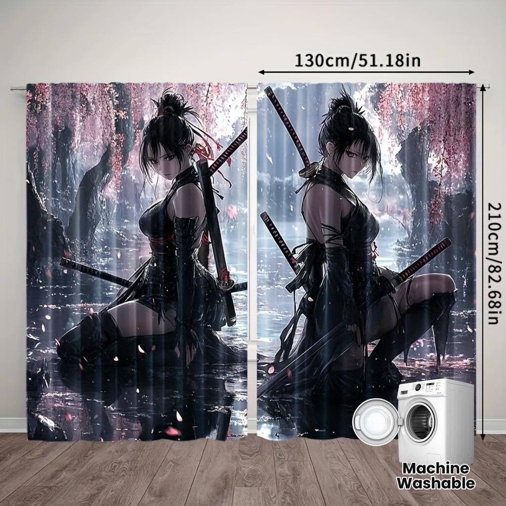 2pcs Anime Samurai Girl Print Curtains Cherry Blossom Background Japanese Style Dark Design Polyester Window Drapes for Bedroom