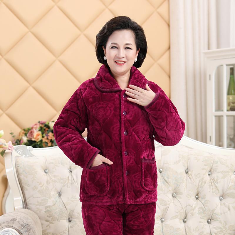 Middle Aged Elderly People Coral Velvet Pajamas Suit Winter Three Layer Thick Warm Women Plush Cotton Jacket Pants Two PCS Women
