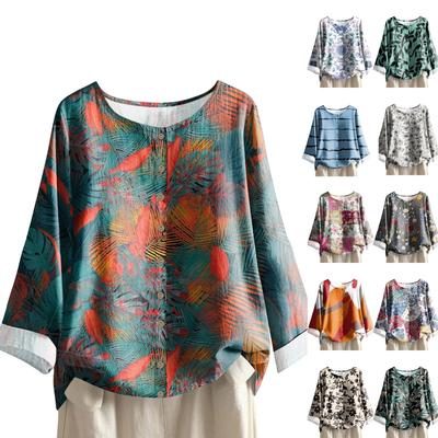 Women's Casual Long-sleeved Round-neck Retro Gradient Printed Cotton And Linen Top