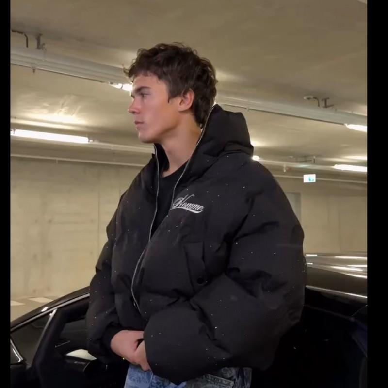 Winter Hooded Cotton Puffer Jacket Men - Oversized Streetwear Style With Rhinestone Letter Print Warm Thickened Outerwear