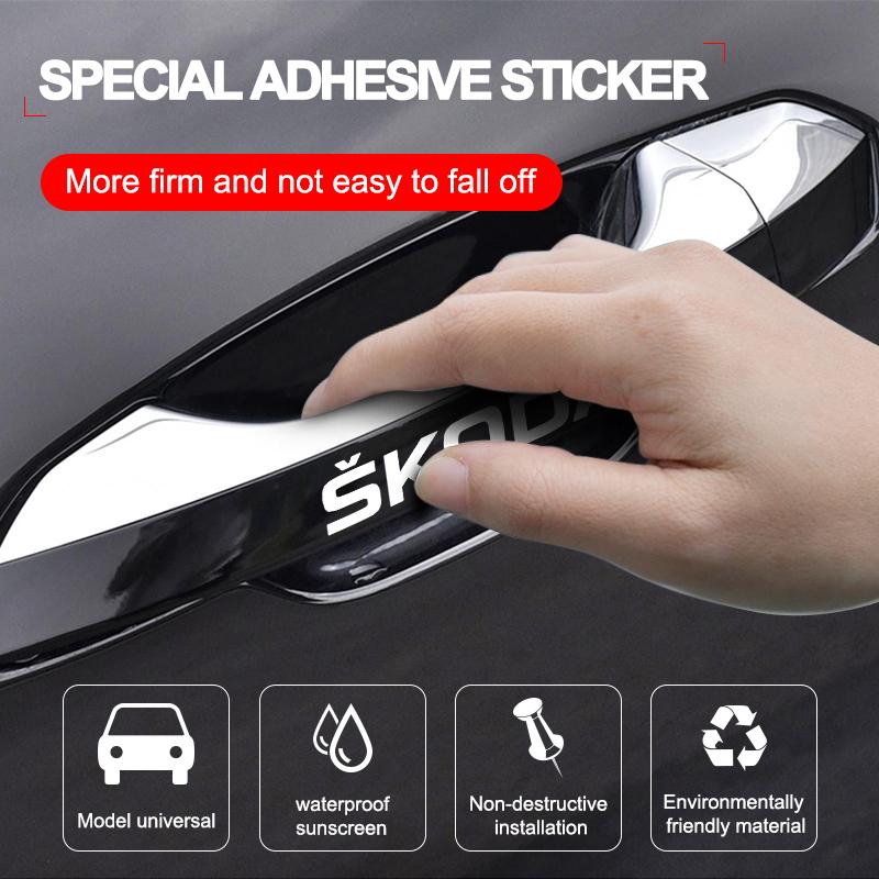 4Pcs Car Door Handle Stickers Tire Rear View Mirror Decals For Skoda Octavia Superb Rapid Kodiaq Karoq Fabia Kamiq Roomster Citigo