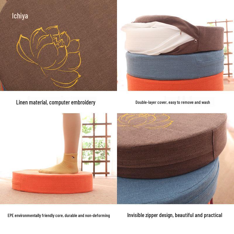Thick Washable Japanese Zen Meditation Cushion - Round Tatami Linen Seat for Home and Balcony