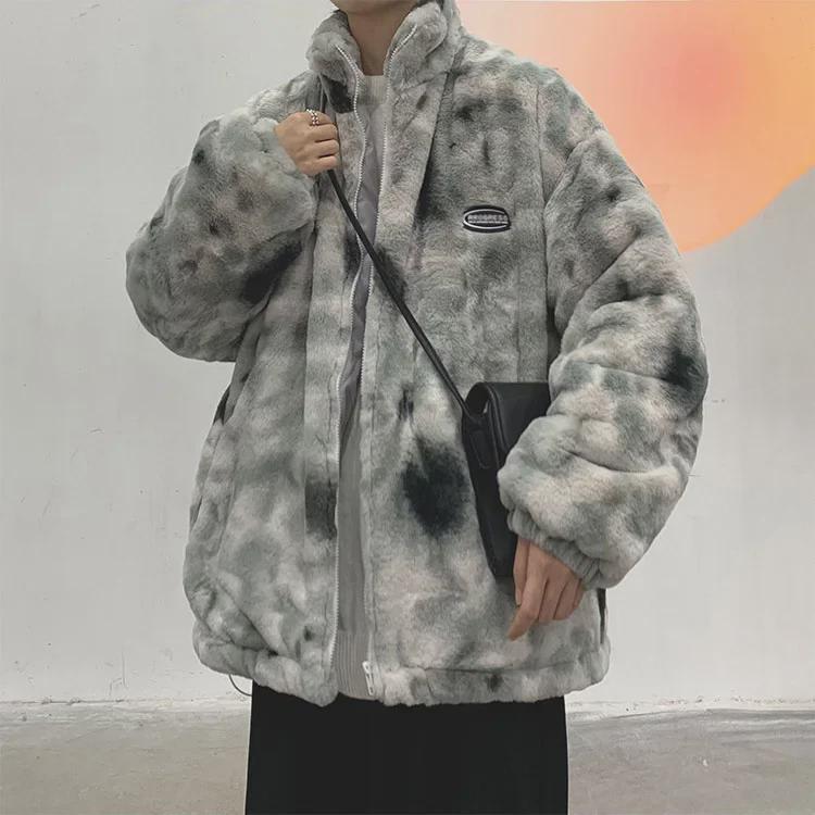 Men's Tie-Dye Lambswool Jacket - Warm, Loose, Cotton-Padded, Velvet-Enhanced Winter Coat