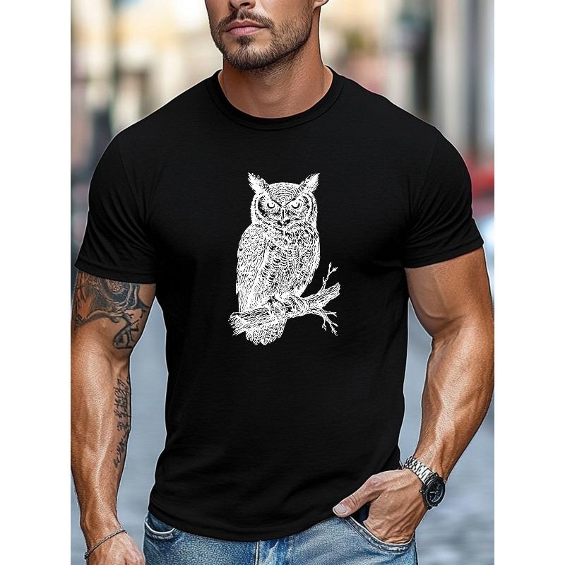 Men's T-Shirt, Comfortable and Versatile, Simple and Clean, Men's White Owl on a Branch Graphic Summer Casual Crew Neck Short Sleeve T-Shirt