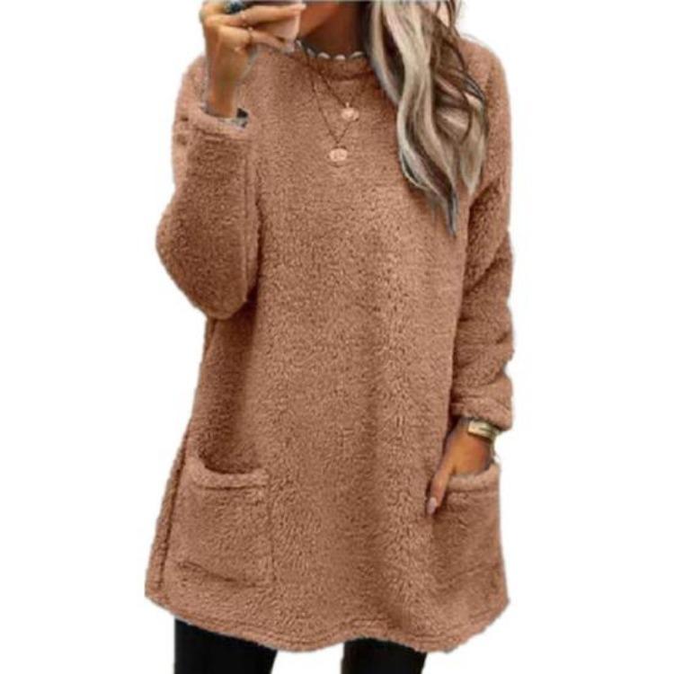 Warm Winter Hoodie Jacket Stylish Women Mid-length Fleece Shearling Thickened Solid Color Pocket Outwear