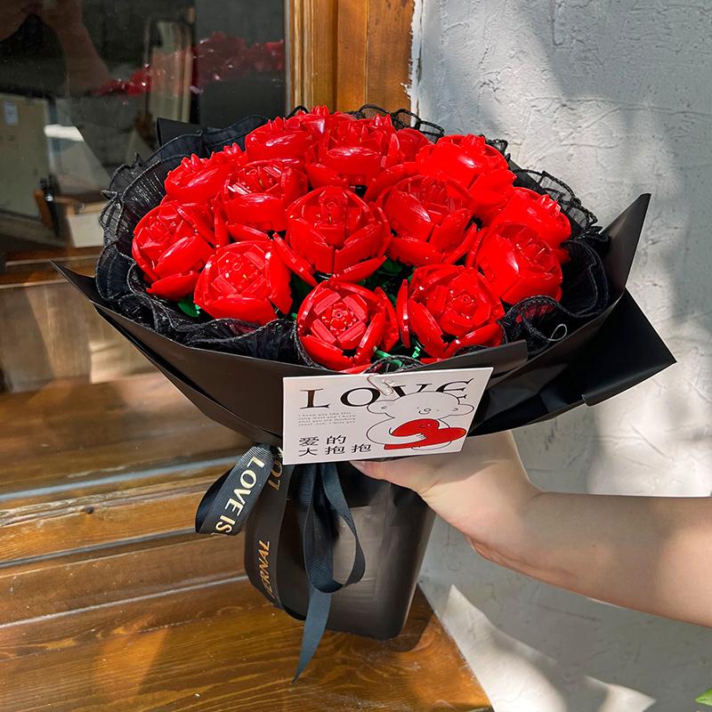 Creative Romantic Rose Flower Home Desk Plant Bouquet Decoration Building Blocks Bricks Birthday Valentine's Day Gifts for Girls Lover Lady