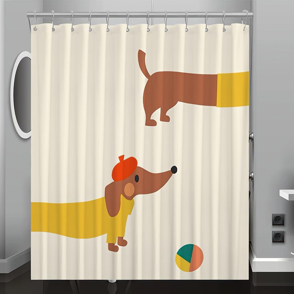 Cartoon Dachshund Print Shower Curtain – Polyester Fabric with Hooks, Machine Washable for All-Season Bathroom Decor