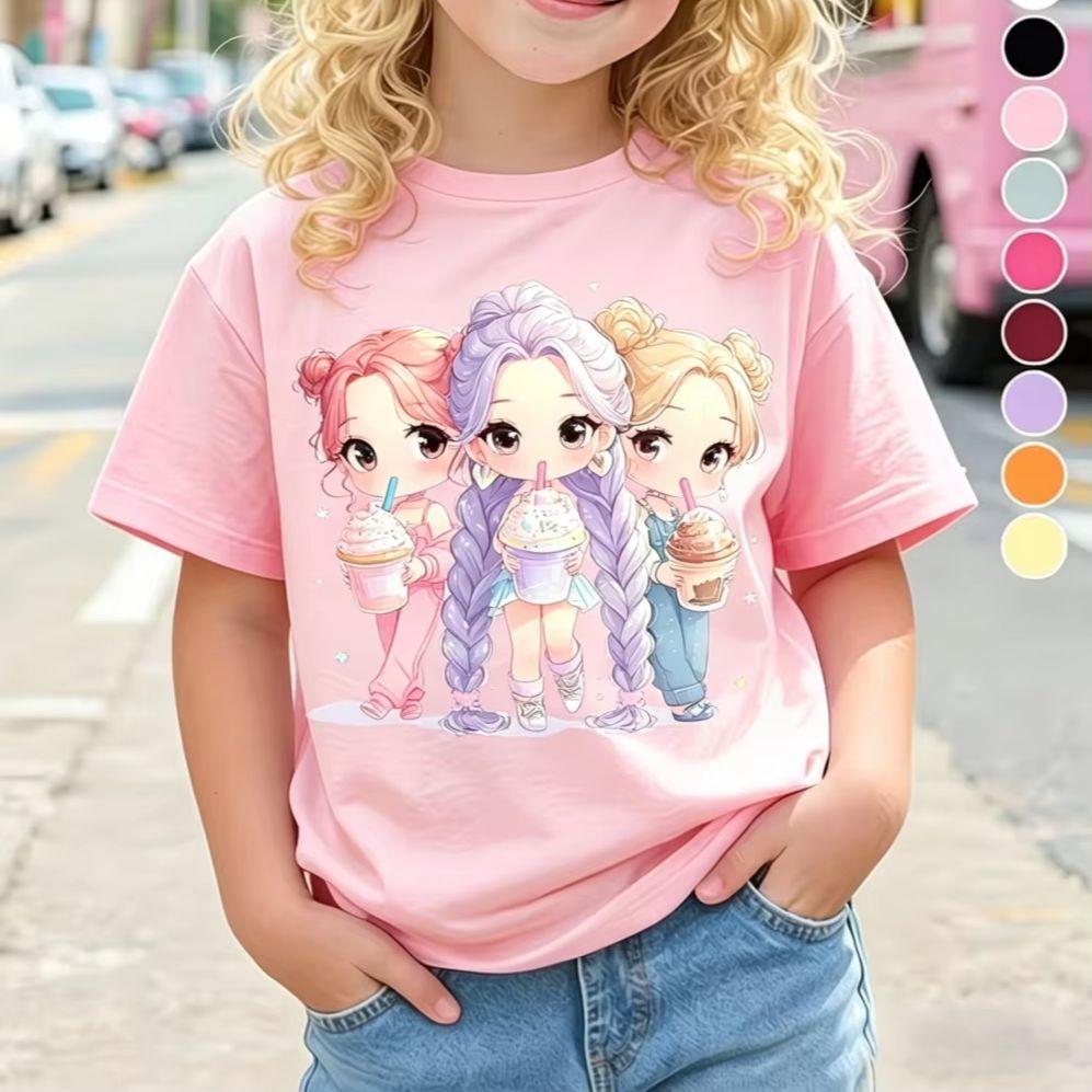 Children's Kpop Popular Cartoon Print T-Shirt Tops Clothing Design Casual Harajuku Style Round Neck Short Sleeve Girl Clothing