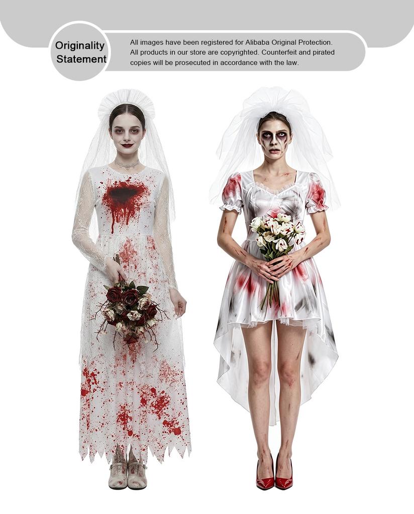 Women Zombie Bride Costume Dress Ghost Bride Halloween Outfit Polyester Horror Wedding Style Cosplay Party for Adults