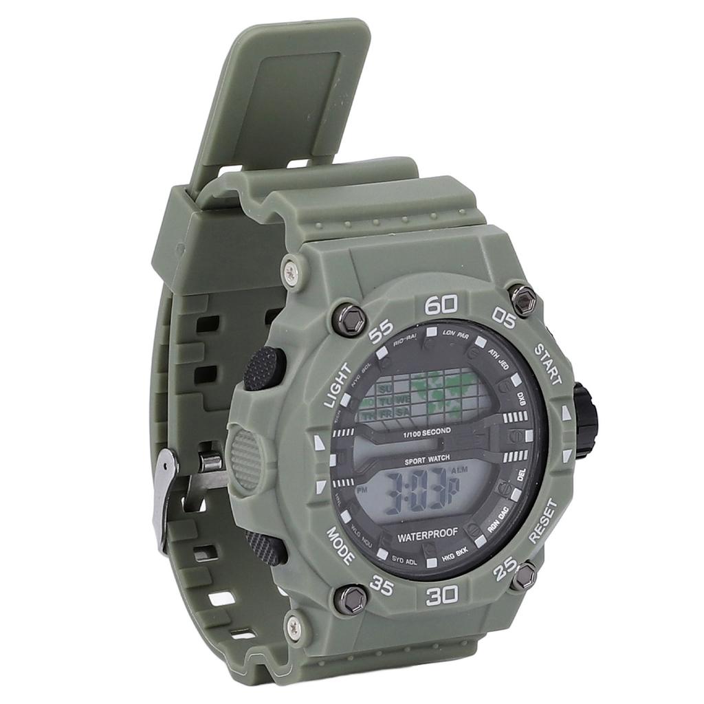 Men Watch LED Night Light 50m Waterproof Large Screen Rubber Strap World Time Zone Digital Display