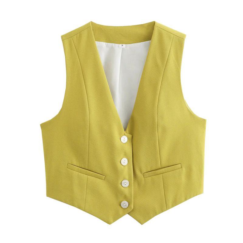 Spring and Summer New Women's Clothing Minimalist Style V Neck Sleeveless Decorated Row Button Short Candy Color Vest Jacket 2347888