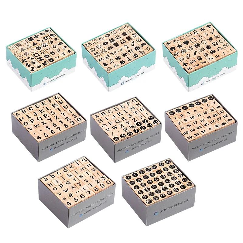 42Pcs Wooden Seals Assorted Stamp Numbers, Letters Geometric Figures, Small Expressions, Happy Party Series Handbook Seals