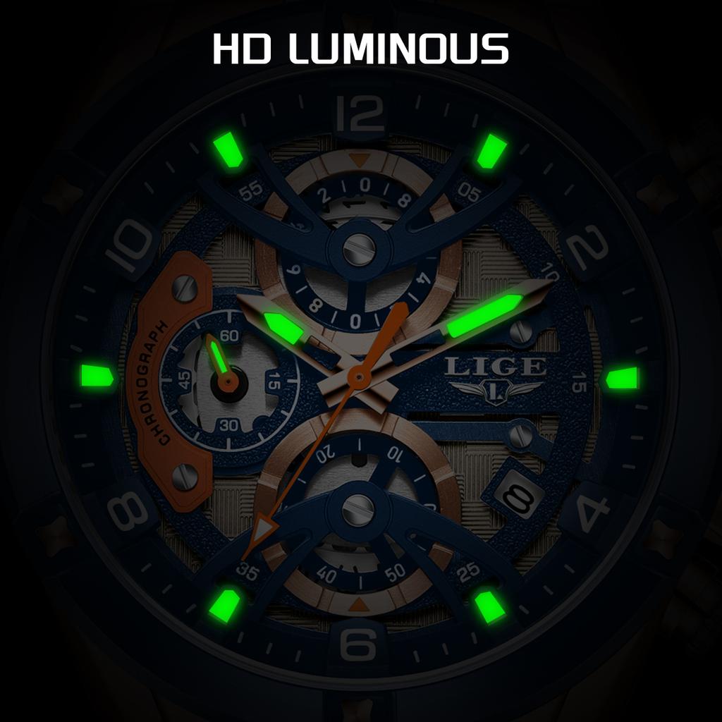 LIGE Sports Mens Watches Top Brand Luxury Silicone Chronograph Function Quartz Wristwatch Waterproof Luminous Watch for Man