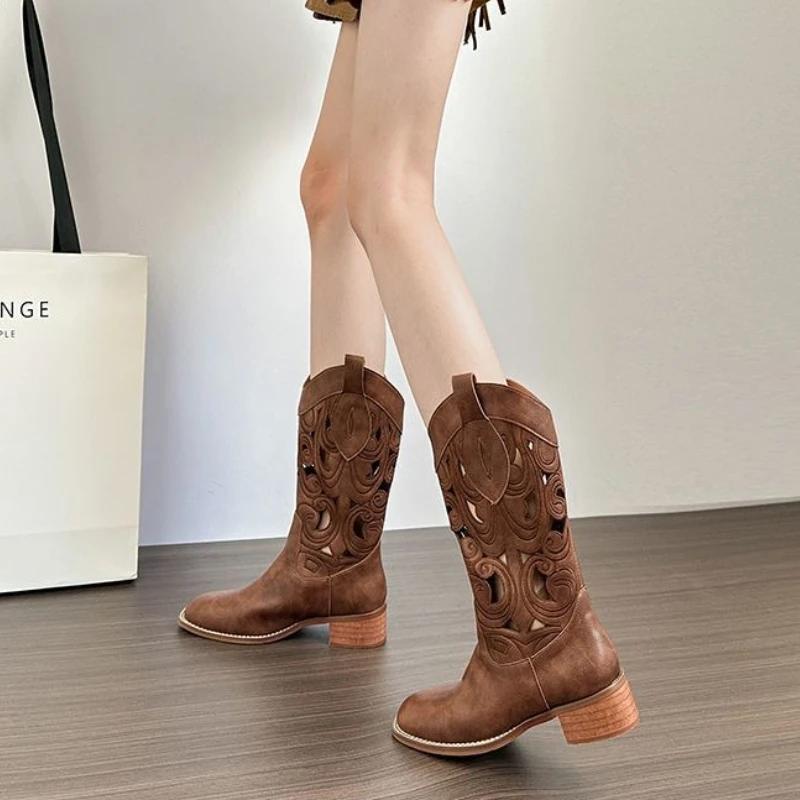 Fashion Summer Square Toe Women's Half High Boots Chic and Elegant Trend 2025 Pu New in Gothic Novelty Hot Ladies Mid Calf Shoes Sale