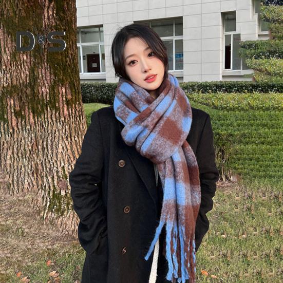 Women Scarf Plaid Print Thickened Warm Long Shawl with Tassel Trim Versatile Winter Blanket Wrap Daily Wear