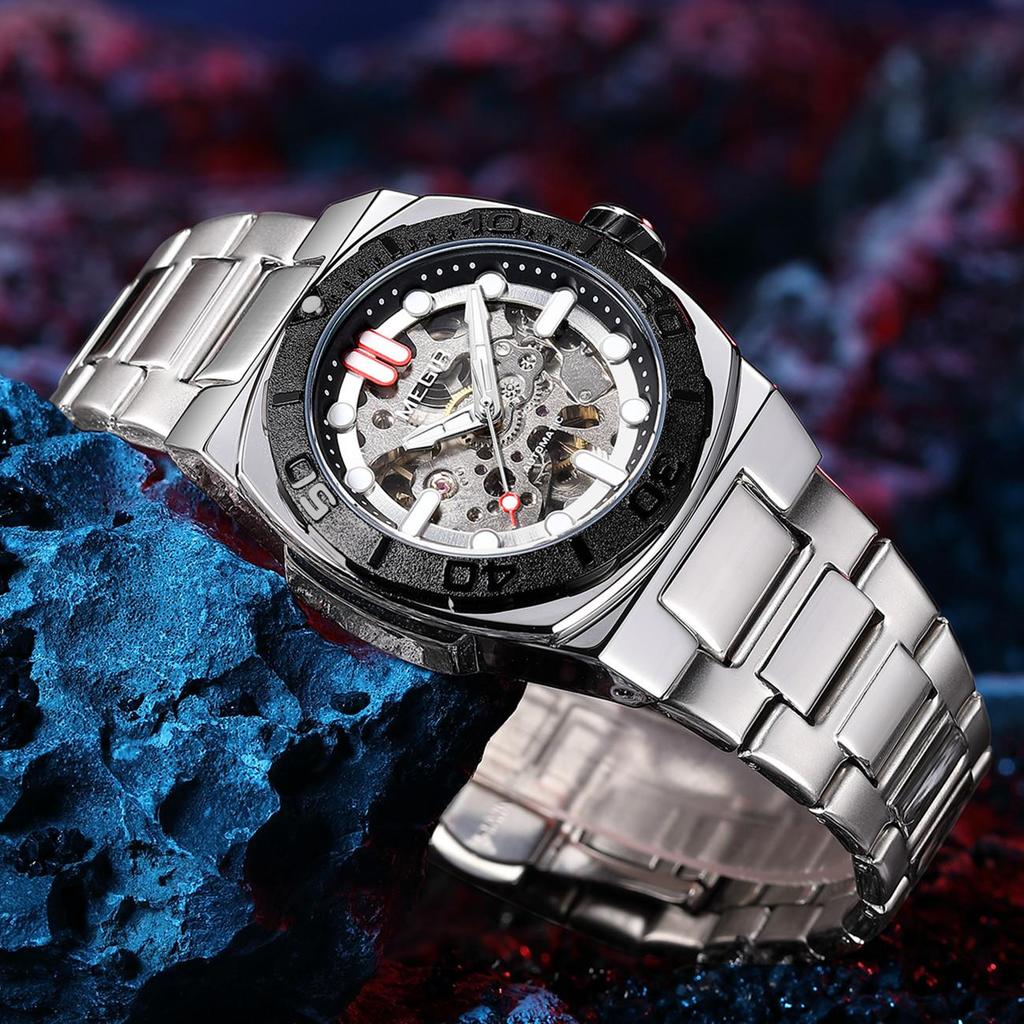 Megir Luxusní mechanické pánské hodinky Skeleton ciferník Business volnočasové náramkové hodinky Plně automatické náramkové hodinky Hodiny Relogio Masculino 8606