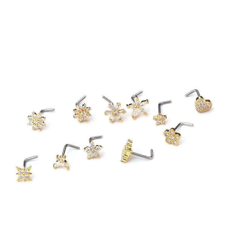 Trendig Neuankunft Nasenpiercing Stecker Vergoldeter Edelstahl CZ Kleeblatt Stern L-förmig Feine Ohrringe
