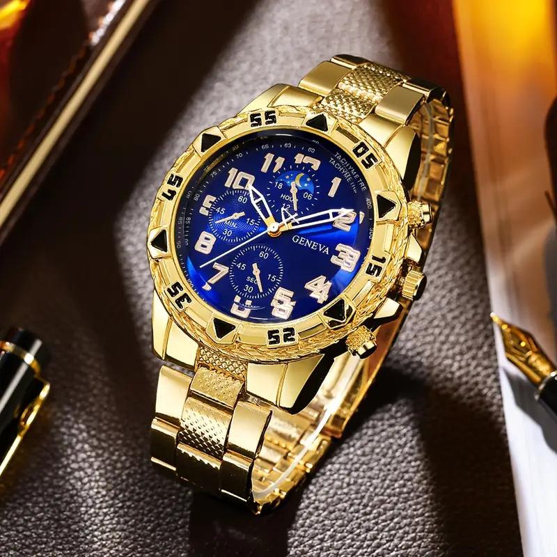 Men's Large Dial Blu-ray Glass Watch, High-end Men's Business Watch + Jewelry 4-piece Set