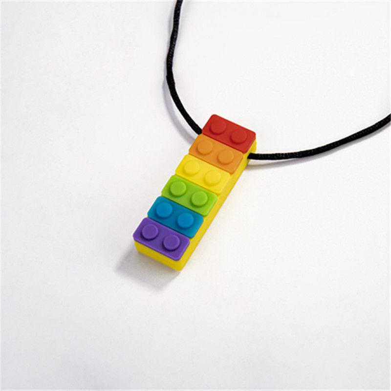 1PC Rainbow Brick Chew Necklace Baby Silicone Teether Autism Sensory Chewy Toys