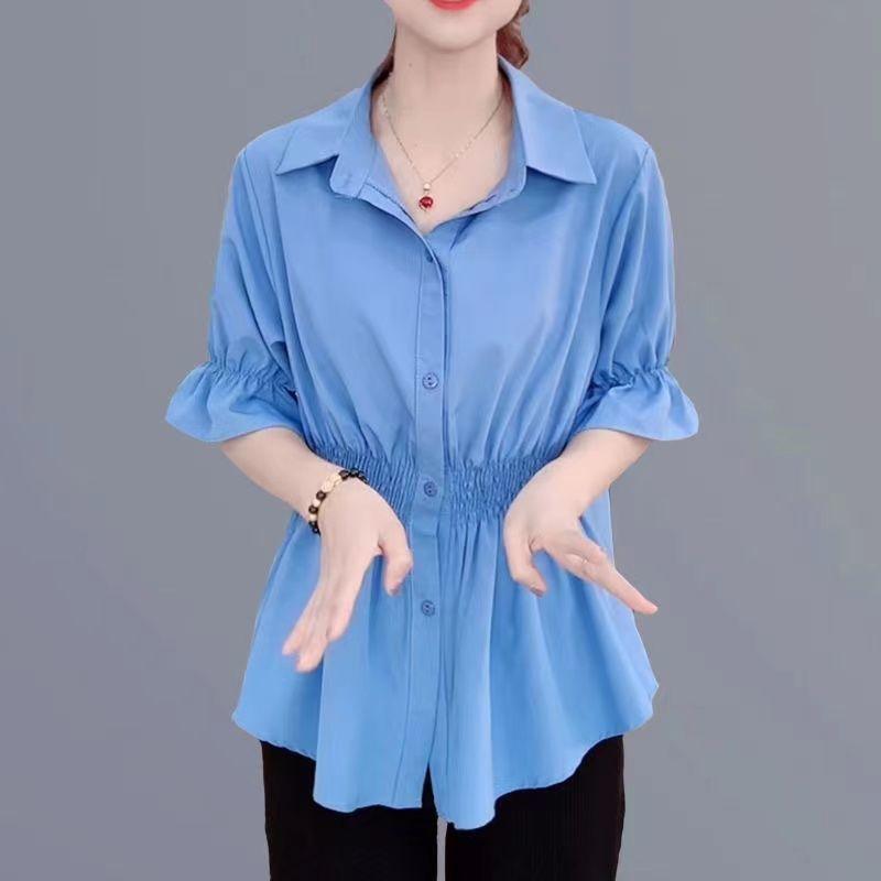 

Summer Polo-neck Solid Color Elegant Fashion Waist Shirt Women Short Sleeve Shirring Blouse Female Cardigan Top S