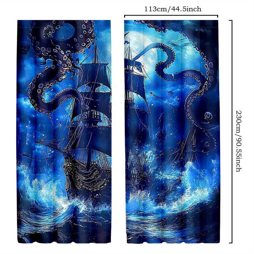 2pcs Pirate Ship Window Curtains   Fantasy Sea Monster & Skeleton Ship Decor & Room