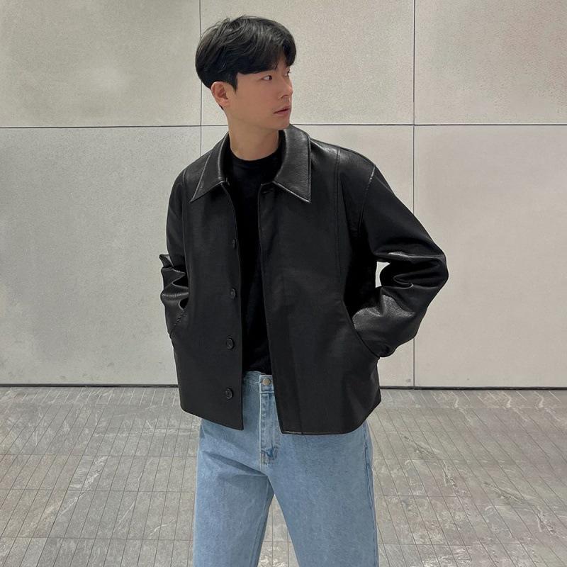 Short Motorcycle Leather Jacket Men's Autumn New Korean Style Trendy Lapel Loose Leather Jacket