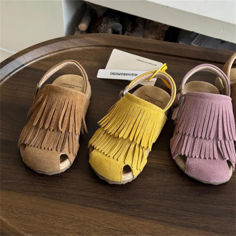 Genuine Leather Summer Kids Sandals For Girls Tassels Closed Toe Kids Shoes Non-slip Fashion Toddler Children Beach Sandals