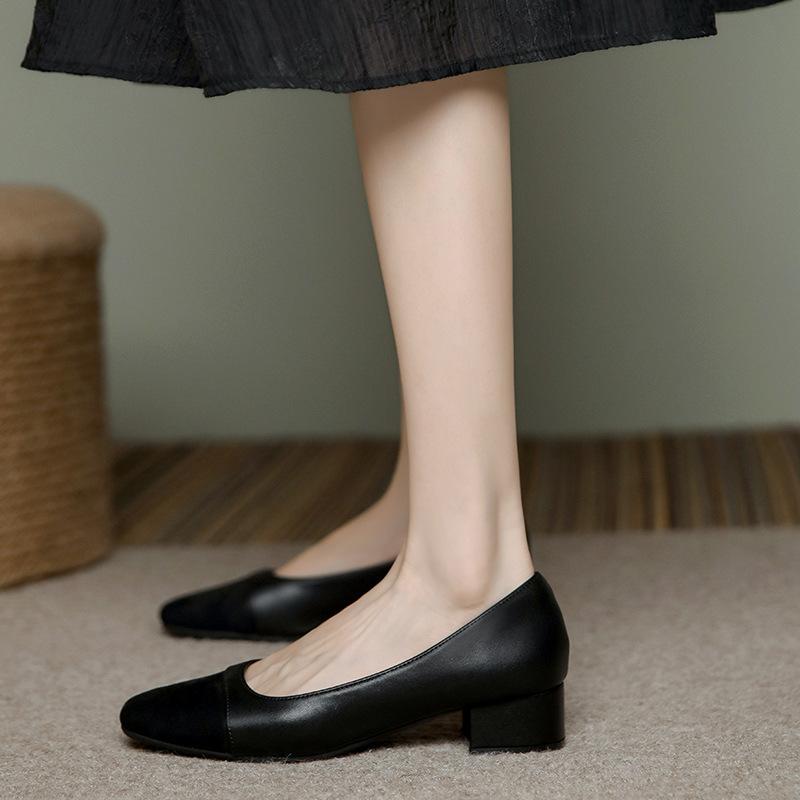 Xiaoxiangfeng single shoes 2025 color matching versatile light mouth spring women's shoes new thick heel low heel Korean version grandma shoes