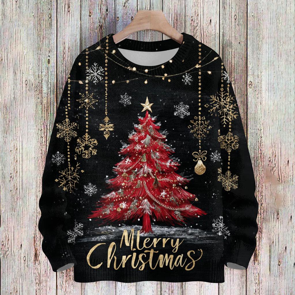 Ladies' Fashionable And Casual Christmas Cute Printed Round Neck Long Sleeved Knitted Yarn