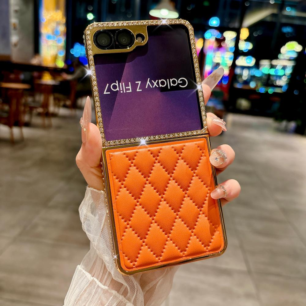 Lambskin Quilted Leather Case For Samsung Galaxy Z Flip 7 6 5 4 3 Cover Bling Diamond Shockproof For Samsung Galaxy 7 6 5 Z Flip