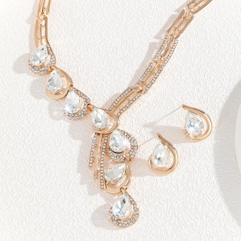 Gold Jewelry Set White Rhinestone Crystal Necklace Earrings Set Women's Jewelry