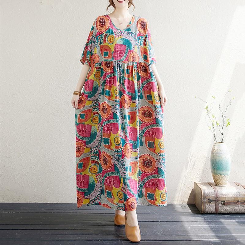 Manga curta plus size vintage floral novo em vestidos para mulheres casual solto longo vestido de verão