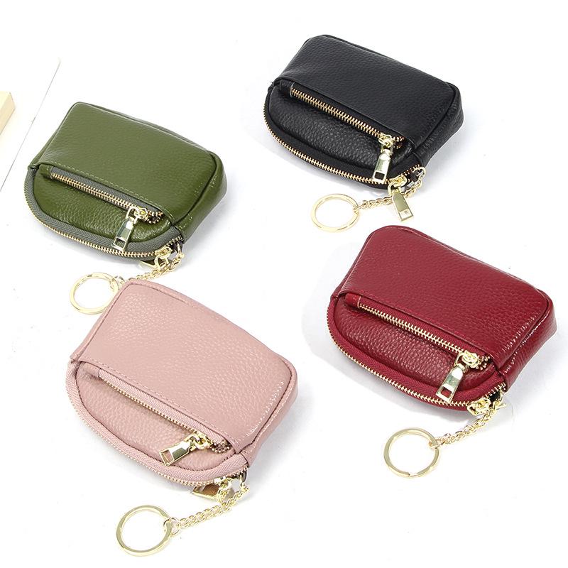 Genuine Leather Mini Zipper Coin Purse Keychain Wallet for Women