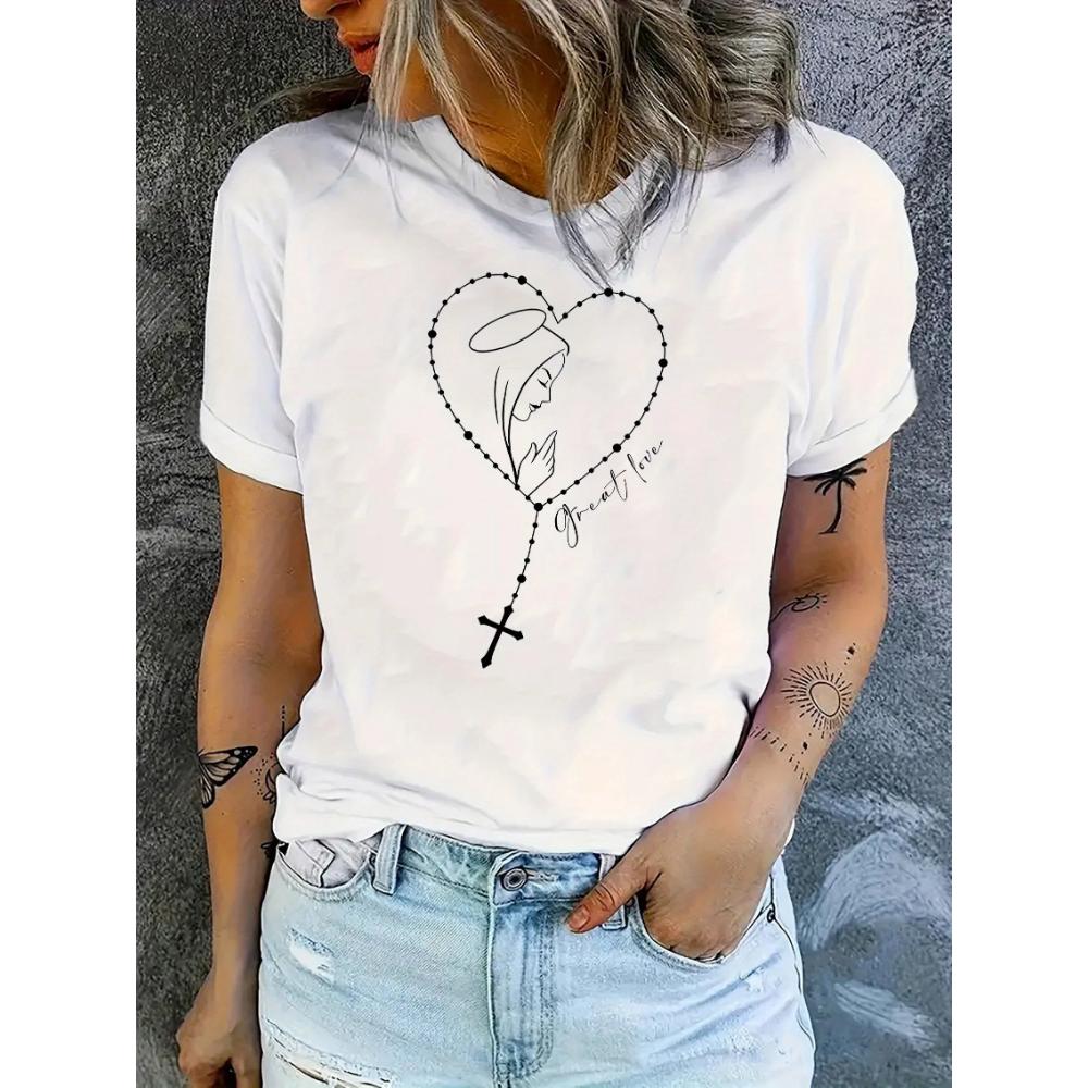 Damen Angel Herz Kreuz Grafikdruck Lässig Rundhals Kurzarm Sommer Kurzarm Harajuku Street Top T-Shirt