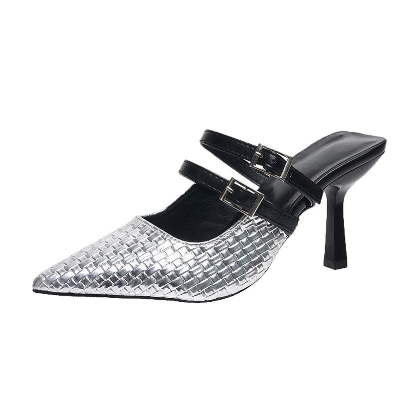 

Тапочки Baotou на шпильке, французские ретро-полушапки, новые летние тапочки 2025 года, ленивые, одна педаль, классные тапочки Baotou для женщин 42 серебряный