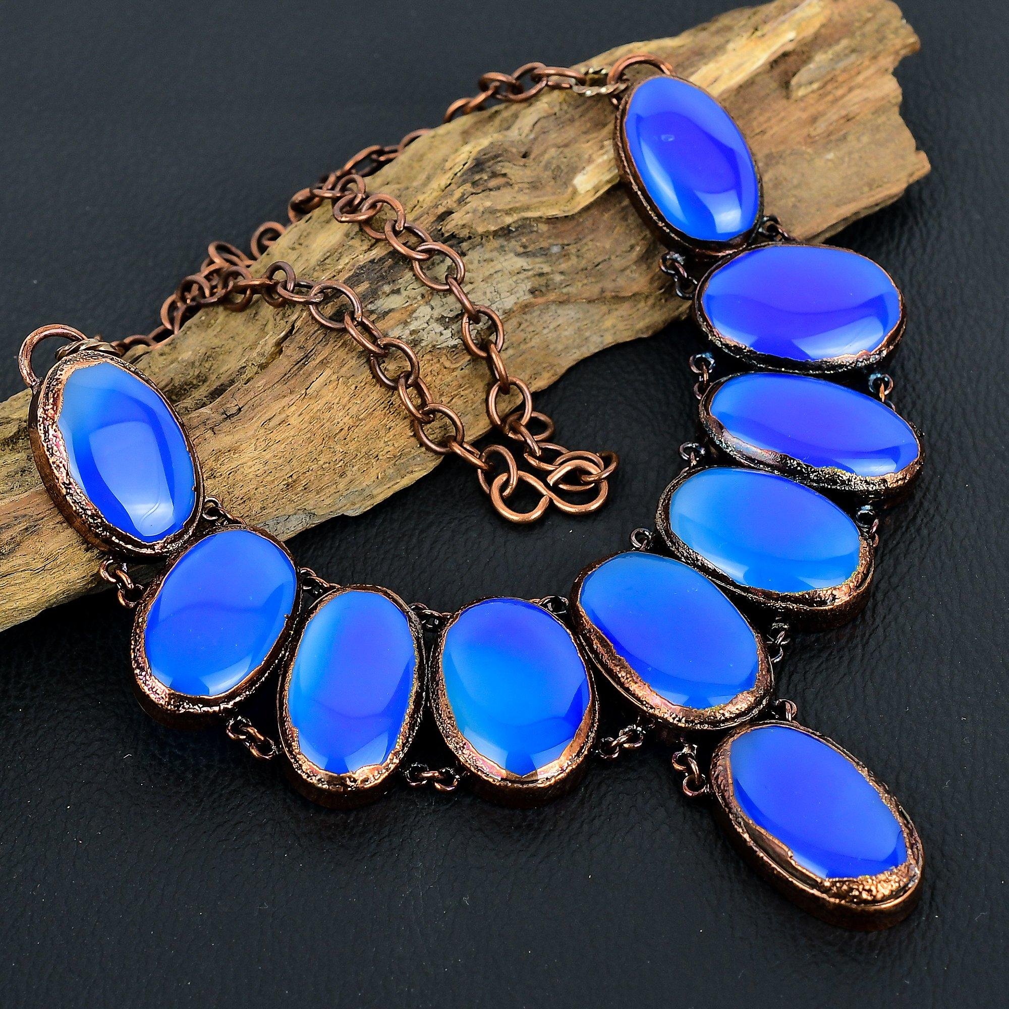 

Blue Chalcedony Necklace, Copper Electroformed Gemstone Jewelry, Handmade Necklace, For Thanksgiving