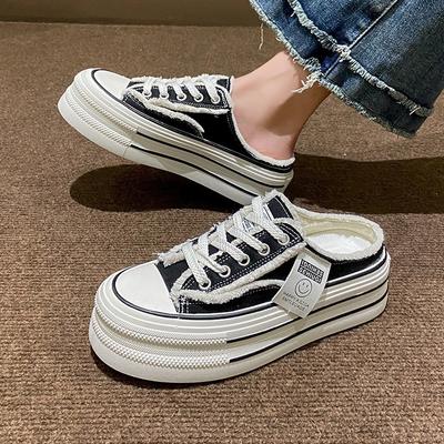 Baotou Slippers Women's Summer Wear New Canvas Shoes Without Heel Versatile Lazy Half Drag Thick Soles Ins Tide